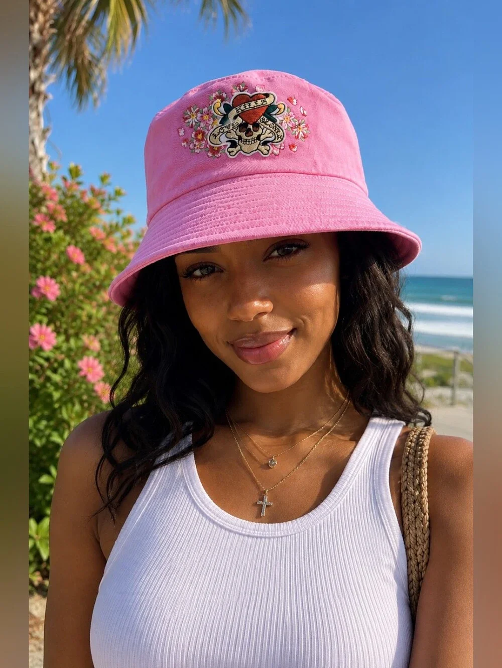 Ed Hardy Pink Bucket Hat Skull Heart Floral Y2K Tattoo Sun Hat NWT